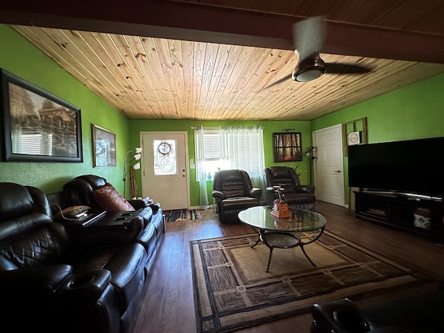 living room with ceiling fan, dark hardwood / wood-style flooring, and wooden ceiling