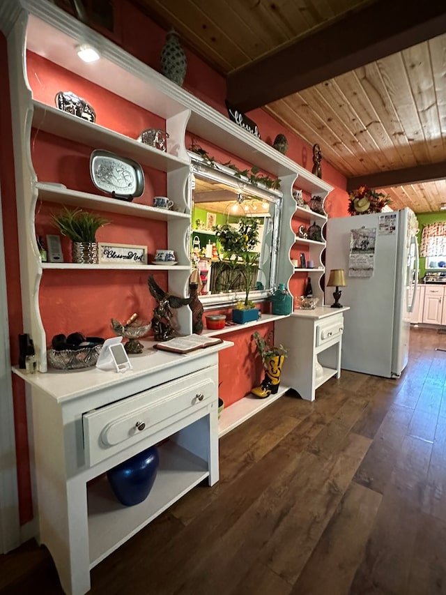 interior space with dark hardwood / wood-style flooring and wood ceiling