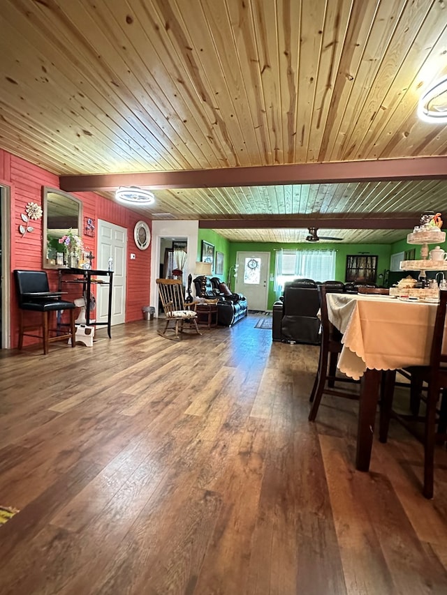 dining area featuring hardwood / wood-style flooring and wooden ceiling