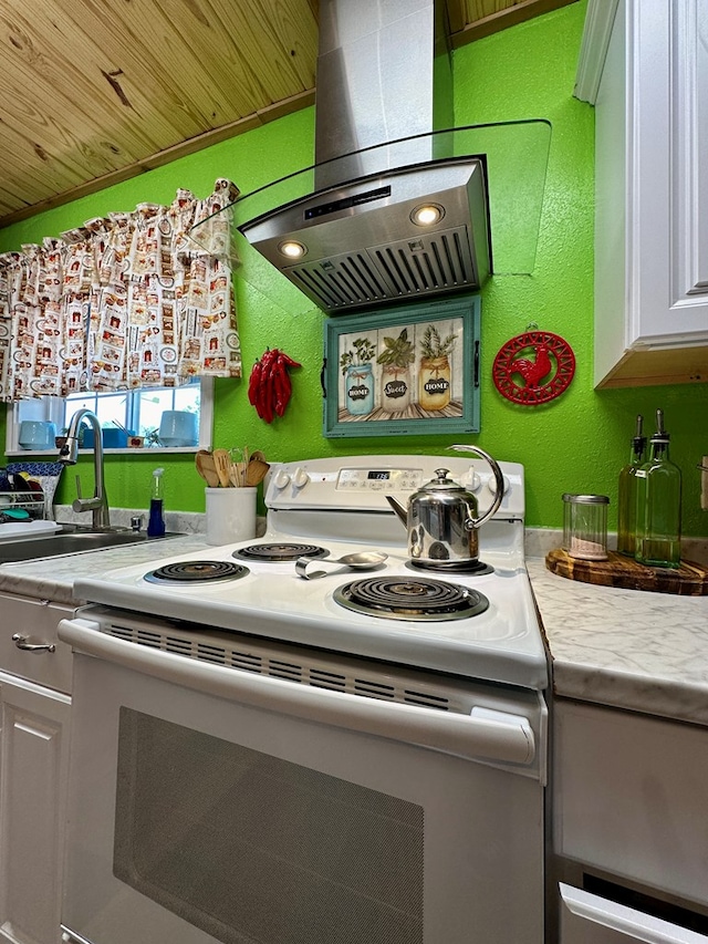 kitchen with white cabinetry, sink, white range with electric cooktop, island exhaust hood, and wood ceiling