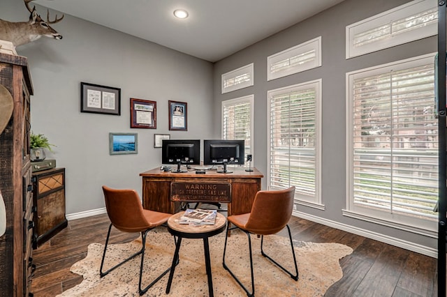 office space featuring baseboards, recessed lighting, and dark wood-type flooring