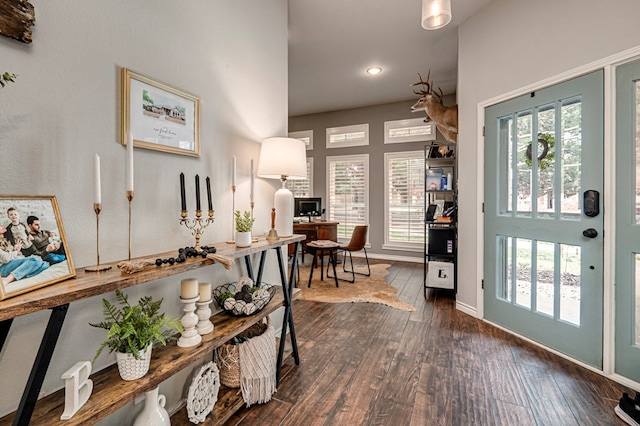 entryway with dark wood-style flooring, baseboards, recessed lighting, and plenty of natural light
