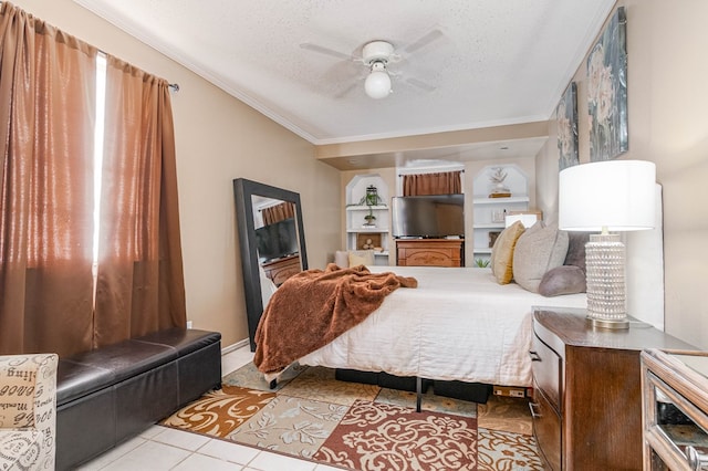 bedroom featuring crown molding, a textured ceiling, a ceiling fan, and tile patterned flooring
