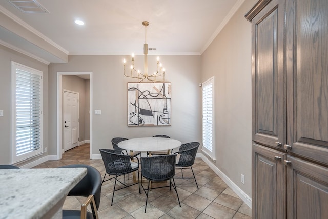 7604 Keyhaven, Odessa, TX 79765 - dining room featuring a chandelier, ornamental molding, light tile patterned floors, and recessed lighting