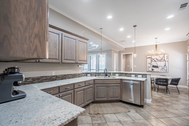 7604 Keyhaven, Odessa, TX 79765 - kitchen featuring dishwasher, crown molding, a peninsula, a chandelier, and recessed lighting