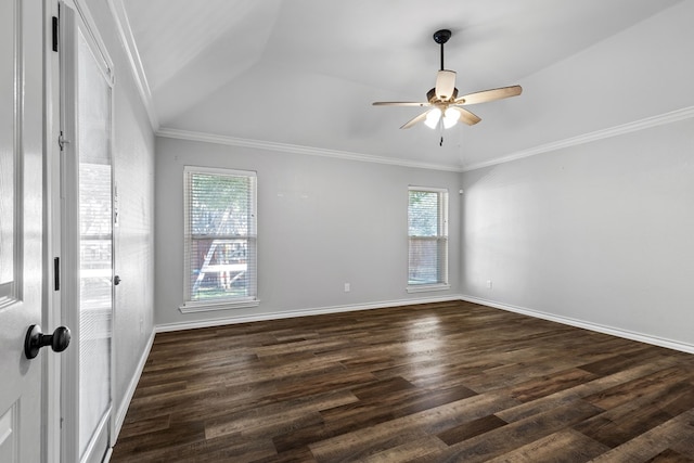 empty room with crown molding, ceiling fan, and dark hardwood / wood-style floors