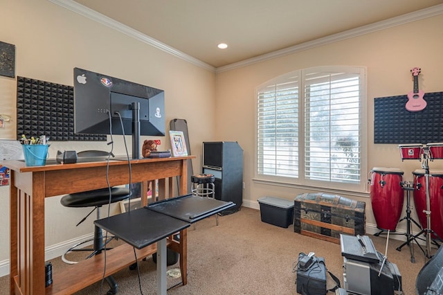 office space with ornamental molding and carpet floors