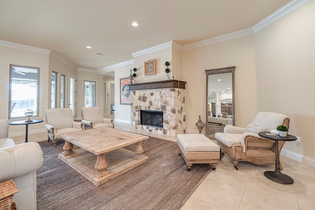 living room with light tile patterned floors, recessed lighting, a fireplace, baseboards, and ornamental molding