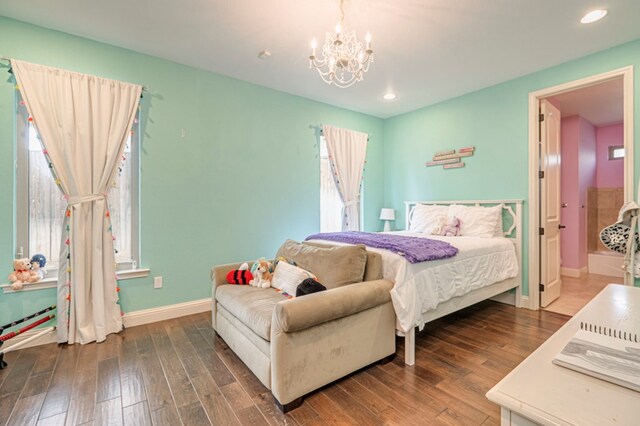 bedroom featuring visible vents, baseboards, dark wood finished floors, and recessed lighting