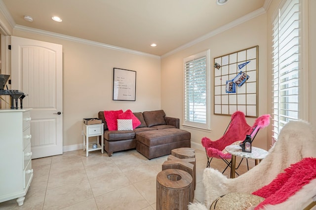 living room featuring light tile patterned floors and crown molding