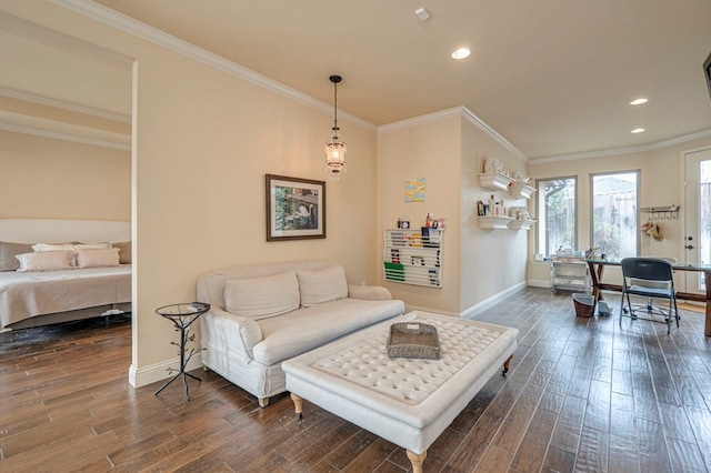 living room featuring dark hardwood / wood-style floors and ornamental molding