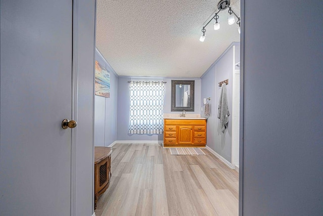 50031 E County Rd 71, Midland, TX 79705 - bathroom with a textured ceiling, vanity, wood finished floors, and baseboards