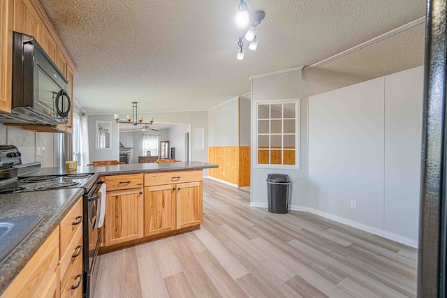 50031 E County Rd 71, Midland, TX 79705 - kitchen with black appliances, a peninsula, dark countertops, light wood finished floors, and a textured ceiling