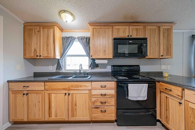 50031 E County Rd 71, Midland, TX 79705 - kitchen featuring black appliances, a sink, ornamental molding, a textured ceiling, and dark countertops