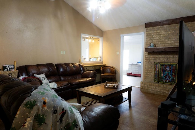 5110 Sunnyside Dr, Midland, TX 79703 - living room with lofted ceiling, finished concrete flooring, ceiling fan, and a brick fireplace
