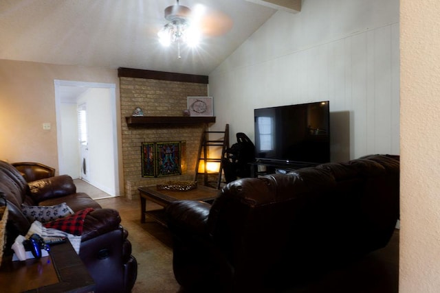 5110 Sunnyside Dr, Midland, TX 79703 - carpeted living room with a ceiling fan, beamed ceiling, a fireplace, and high vaulted ceiling
