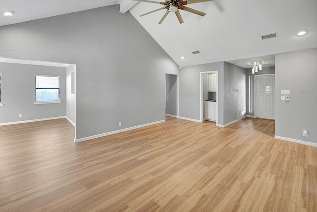 unfurnished living room with ceiling fan, lofted ceiling with beams, and light hardwood / wood-style flooring