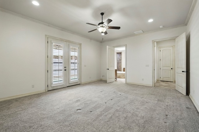 5001 Crista Ln, Midland, TX 79707 - unfurnished bedroom with ornamental molding, light colored carpet, access to exterior, baseboards, and ensuite bathroom