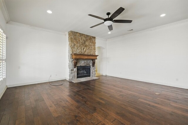 5001 Crista Ln, Midland, TX 79707 - unfurnished living room featuring crown molding, a ceiling fan, a fireplace, hardwood / wood-style flooring, and recessed lighting