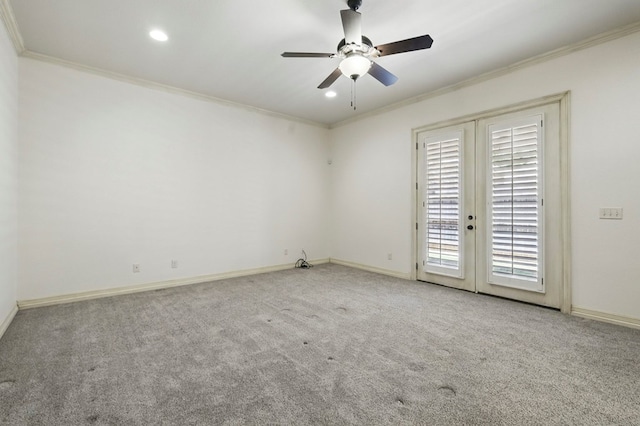 5001 Crista Ln, Midland, TX 79707 - carpeted spare room with ornamental molding, ceiling fan, baseboards, recessed lighting, and french doors