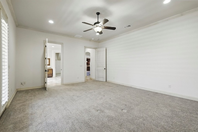 5001 Crista Ln, Midland, TX 79707 - unfurnished bedroom featuring light carpet, crown molding, recessed lighting, baseboards, and a ceiling fan