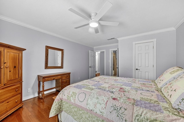 2409 Stutz Pl, Midland, TX 79705 - bedroom featuring dark wood-type flooring, ornamental molding, and ceiling fan