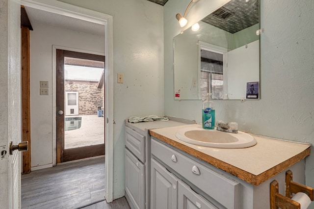 bathroom featuring wood finished floors, vanity, and plenty of natural light