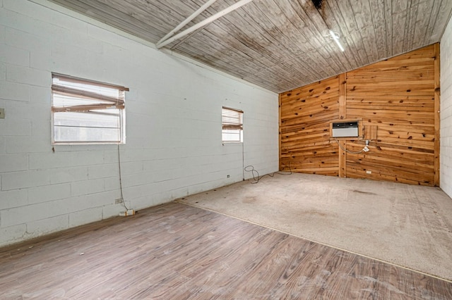 empty room featuring lofted ceiling, wooden walls, and wood finished floors