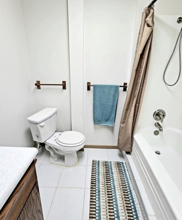 full bathroom featuring toilet, shower / tub combo, tile patterned flooring, and vanity