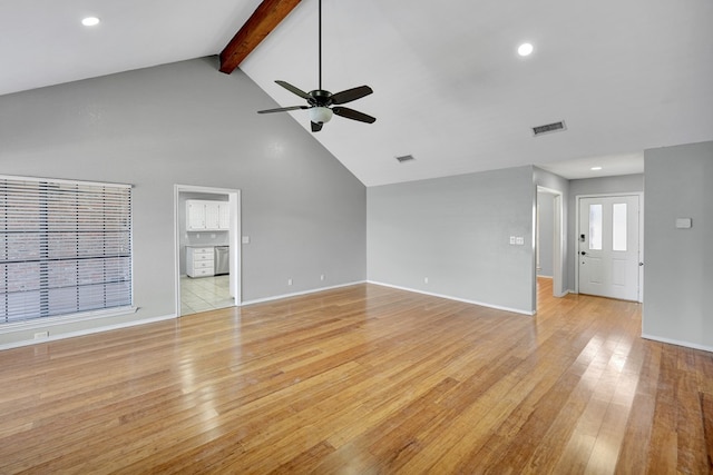 unfurnished living room with light wood-type flooring, visible vents, high vaulted ceiling, and beamed ceiling