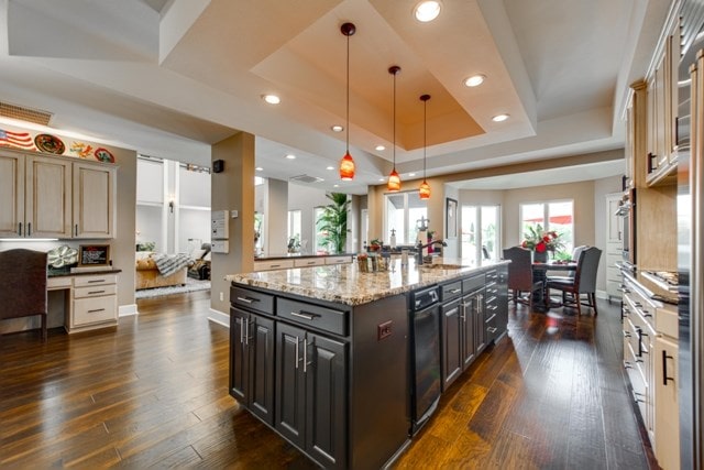 kitchen featuring light stone countertops, dark brown cabinets, a raised ceiling, and dark wood-type flooring