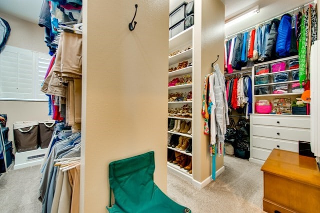 walk in closet with light colored carpet