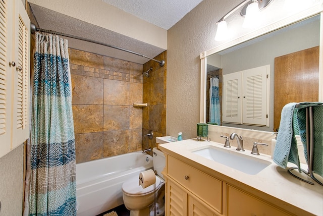 10903 E County Rd 105, Midland, TX 79706 - full bath with a textured wall, toilet, shower / bath combination with curtain, a textured ceiling, and vanity