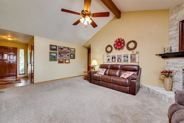 10903 E County Rd 105, Midland, TX 79706 - living room with carpet flooring, ceiling fan, baseboards, and a fireplace