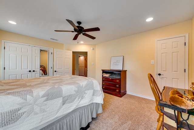 10903 E County Rd 105, Midland, TX 79706 - bedroom with light colored carpet, recessed lighting, a closet, ceiling fan, and baseboards