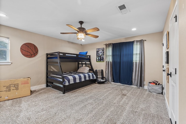 carpeted bedroom with recessed lighting, visible vents, ceiling fan, and baseboards