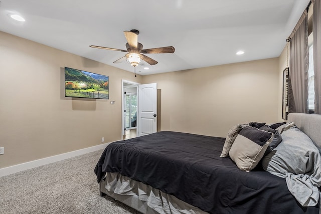 bedroom featuring a ceiling fan, baseboards, carpet flooring, and recessed lighting