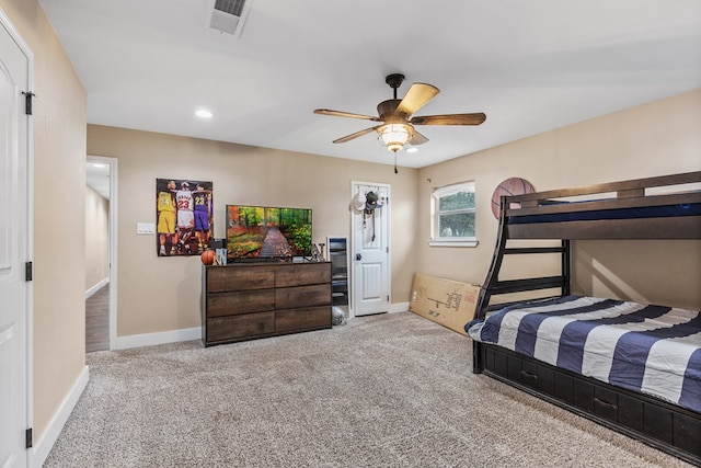 carpeted bedroom with recessed lighting, visible vents, ceiling fan, and baseboards