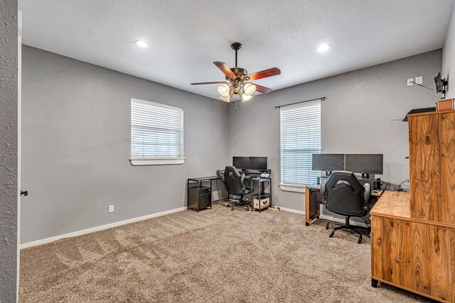 10500 E County Rd 90, Midland, TX 79706 - carpeted home office featuring ceiling fan, baseboards, recessed lighting, and a textured ceiling
