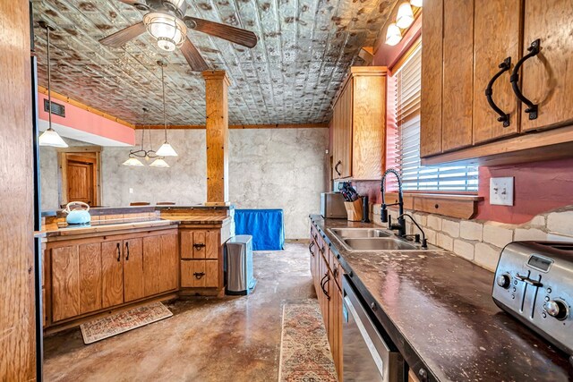 10500 E County Rd 90, Midland, TX 79706 - kitchen with a sink, concrete flooring, dishwashing machine, a ceiling fan, and brown cabinets