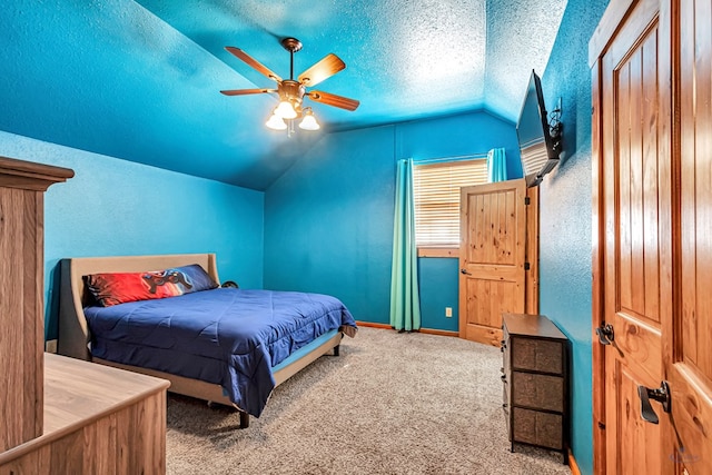 10500 E County Rd 90, Midland, TX 79706 - carpeted bedroom with vaulted ceiling, a textured ceiling, baseboards, and ceiling fan