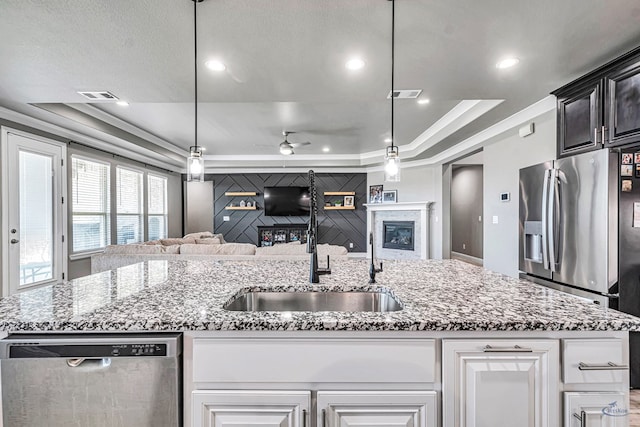 6003 Sunny Stone Dr, Midland, TX 79705 - kitchen featuring appliances with stainless steel finishes, a tray ceiling, a glass covered fireplace, a ceiling fan, and ornamental molding