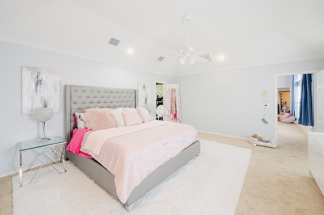 5000 Thames Ct, Midland, TX 79705 - carpeted bedroom featuring lofted ceiling, crown molding, baseboards, ceiling fan, and recessed lighting
