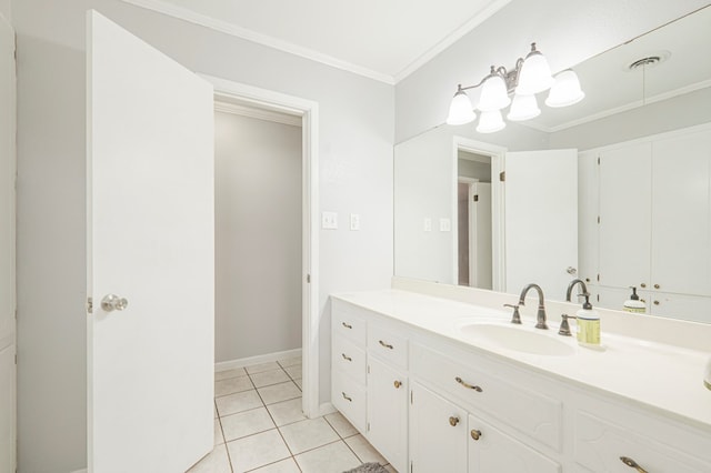 bathroom featuring tile patterned floors, vanity, and ornamental molding