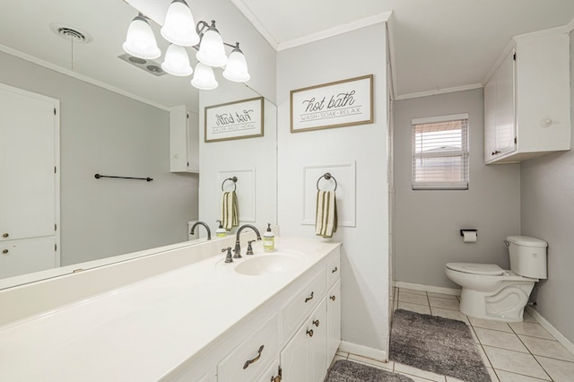 bathroom featuring tile patterned flooring, crown molding, and toilet