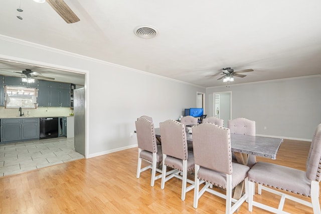 dining room with sink, crown molding, ceiling fan, and light hardwood / wood-style flooring