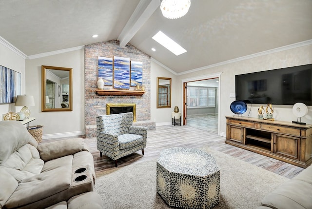 2406 Stutz Pl, Midland, TX 79705 - living room with wood finished floors, a brick fireplace, and a skylight