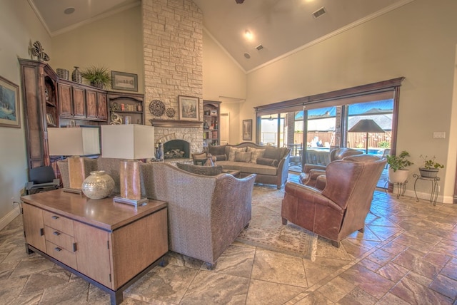 living room with crown molding, a stone fireplace, and high vaulted ceiling