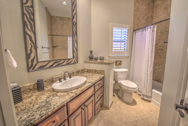 full bathroom featuring vanity, toilet, and shower / bathtub combination with curtain