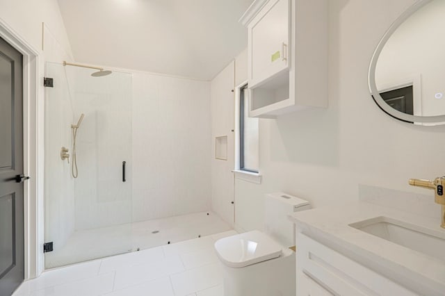 bathroom featuring vanity, toilet, tile patterned flooring, and a shower with door